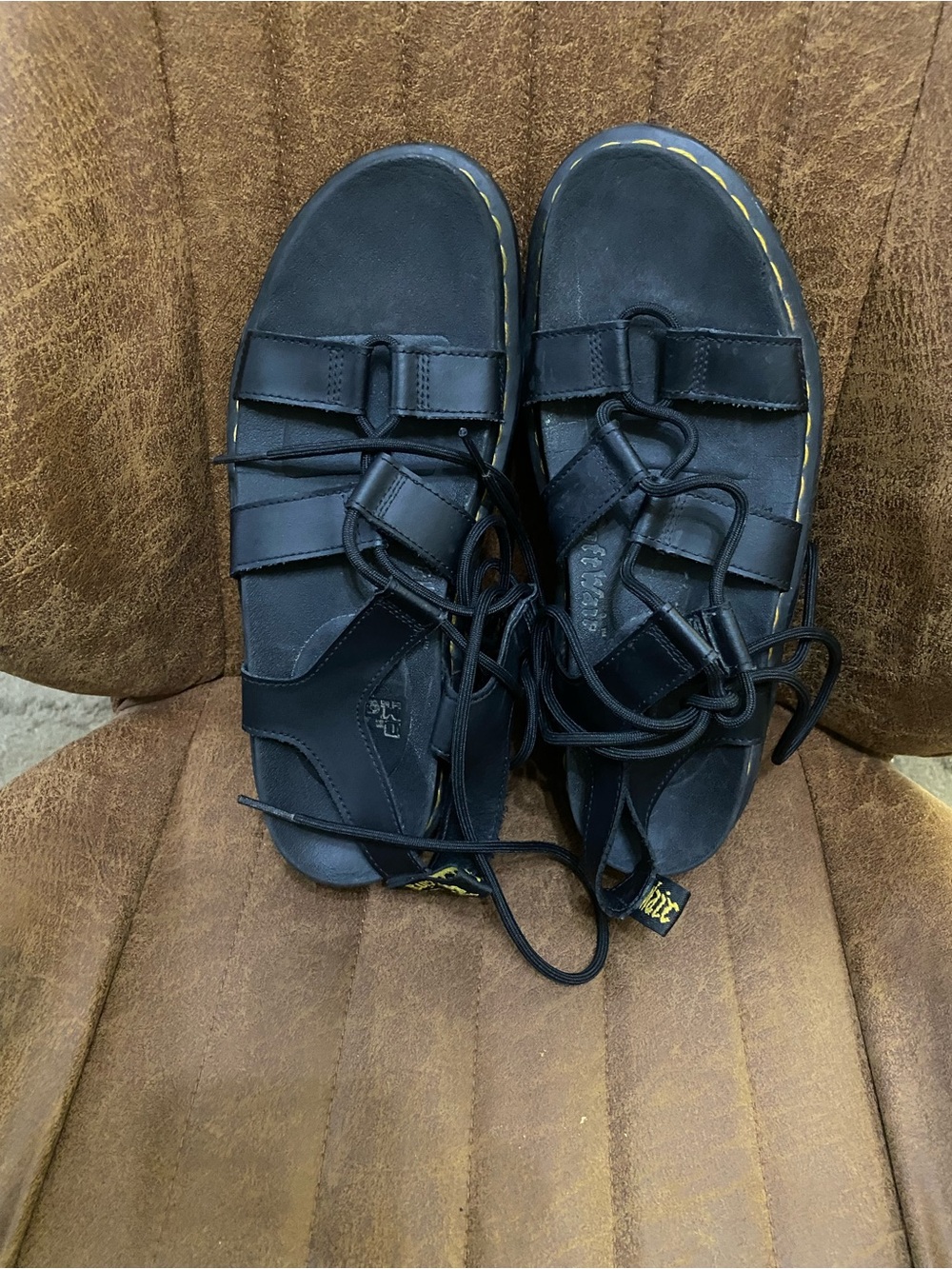 Dr. Martens Black Leather Lace-Up Gladiator Sandals with Yellow Stitching